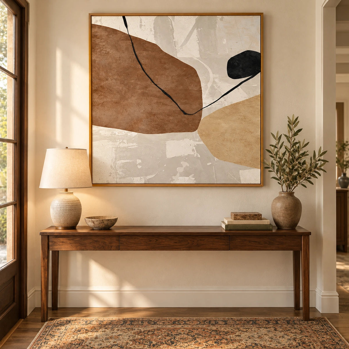 Beige Brown and Black Organic Abstract Oil Painting | Neutral Minimalist Geometric Square Wall Art #OA 1635