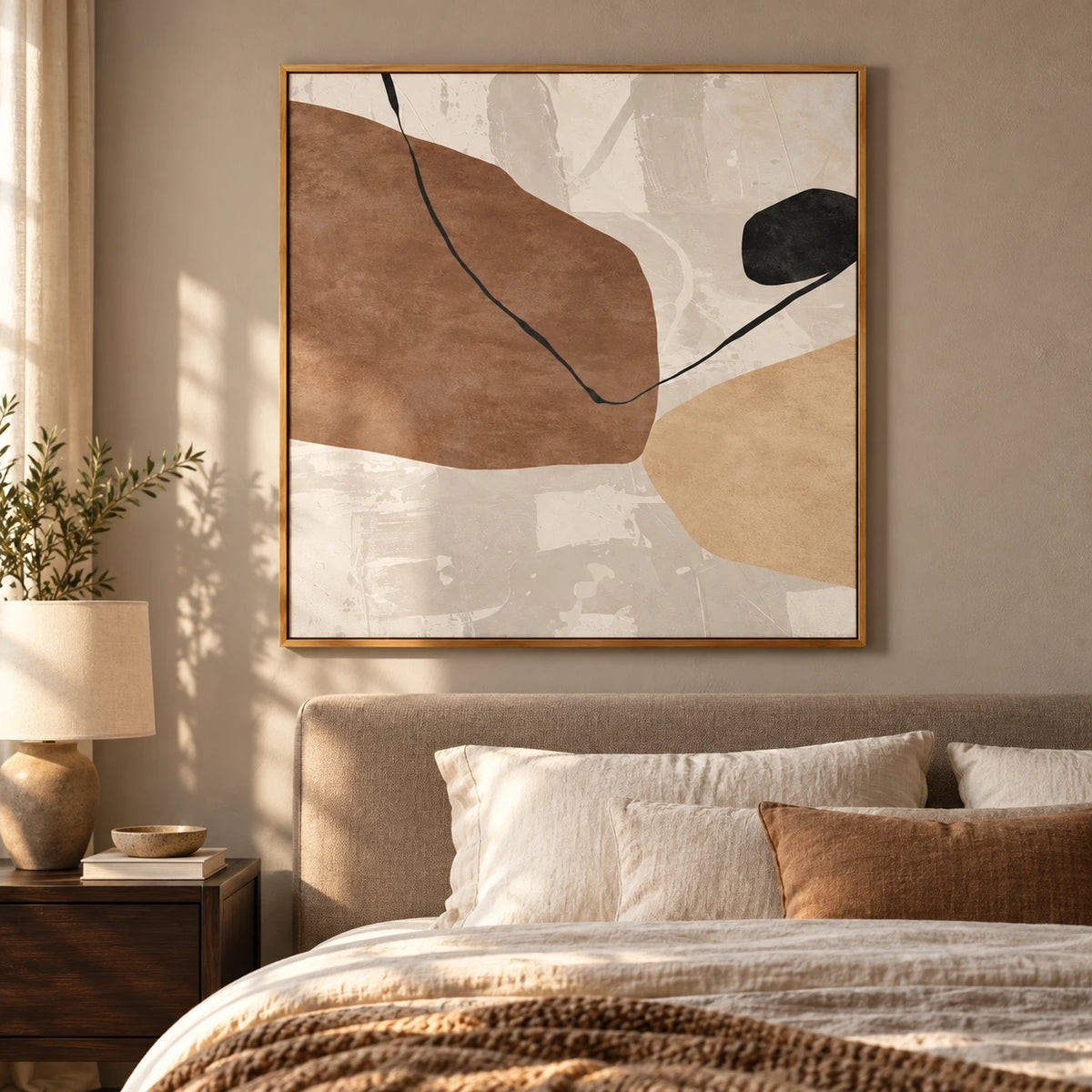 Beige Brown and Black Organic Abstract Oil Painting | Neutral Minimalist Geometric Square Wall Art #OA 1635