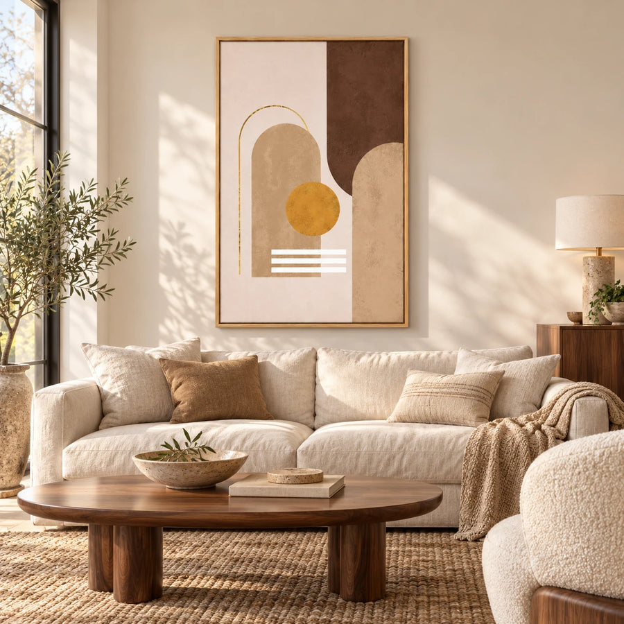 Beige Brown and Ochre Geometric Abstract Oil Painting | Arches Gold Circle and White Lines Vertical Wall Art #OA 1660
