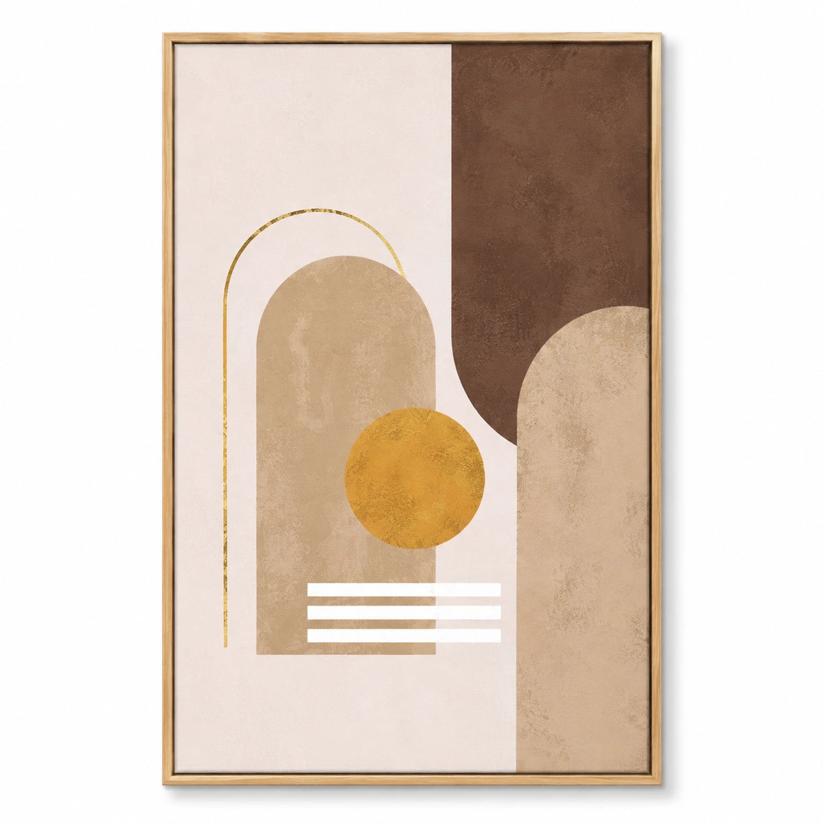 Beige Brown and Ochre Geometric Abstract Oil Painting | Arches Gold Circle and White Lines Vertical Wall Art #OA 1660