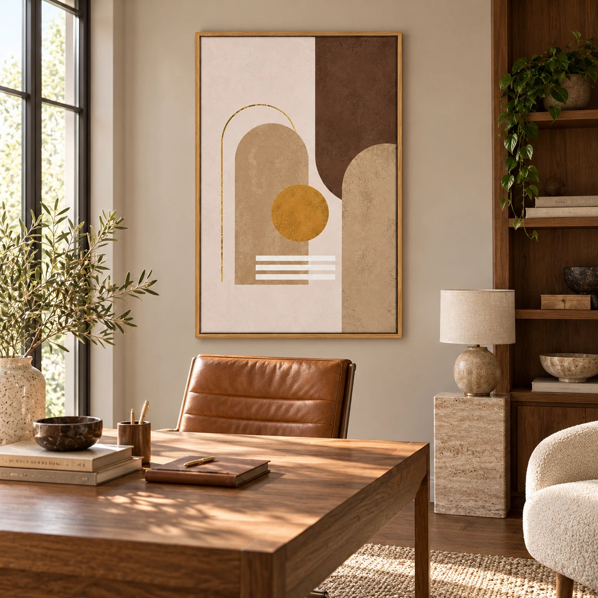 Beige Brown and Ochre Geometric Abstract Oil Painting | Arches Gold Circle and White Lines Vertical Wall Art #OA 1660