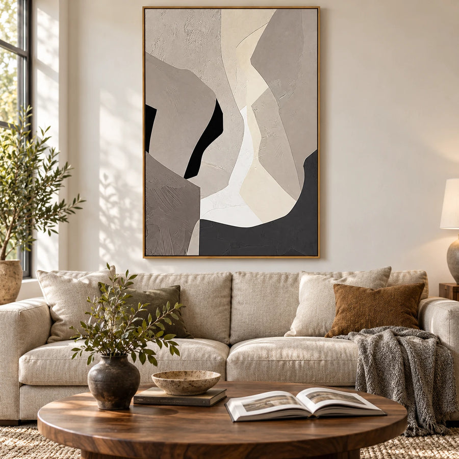 Beige Grey and White Abstract Oil Painting | Angular Curved Shapes Vertical Minimalist Neutral Canvas Wall Art #OA 1828