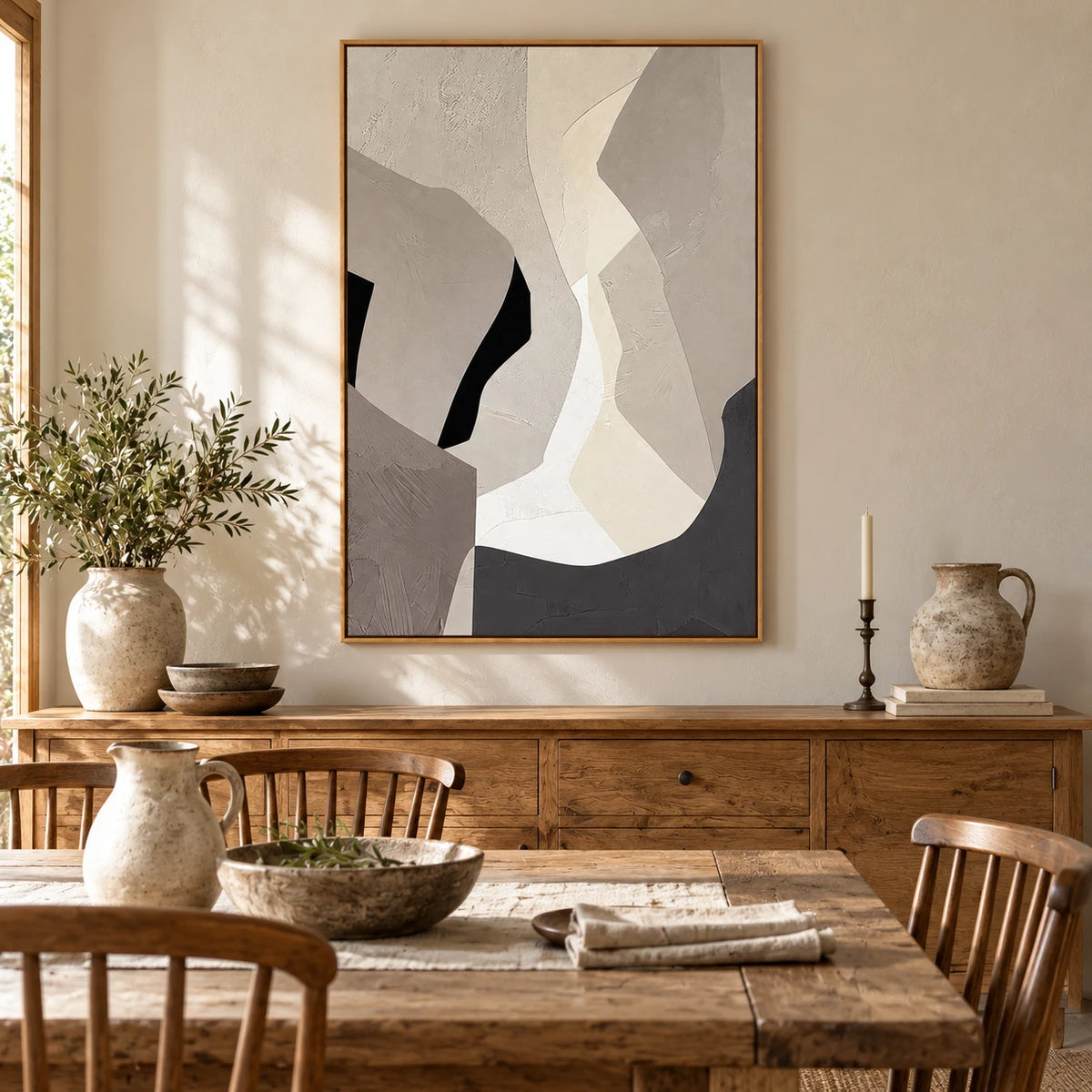 Beige Grey and White Abstract Oil Painting | Angular Curved Shapes Vertical Minimalist Neutral Canvas Wall Art #OA 1828