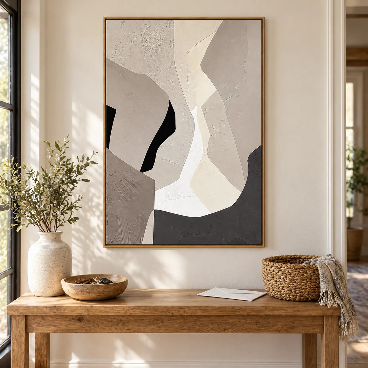Beige Grey and White Abstract Oil Painting | Angular Curved Shapes Vertical Minimalist Neutral Canvas Wall Art #OA 1828