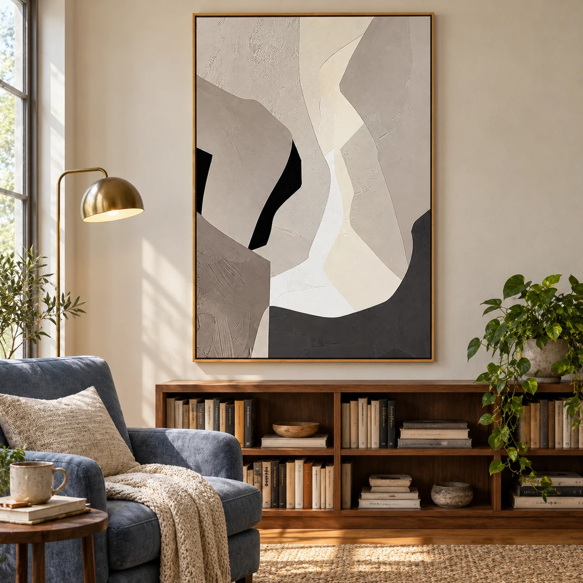Beige Grey and White Abstract Oil Painting | Angular Curved Shapes Vertical Minimalist Neutral Canvas Wall Art #OA 1828