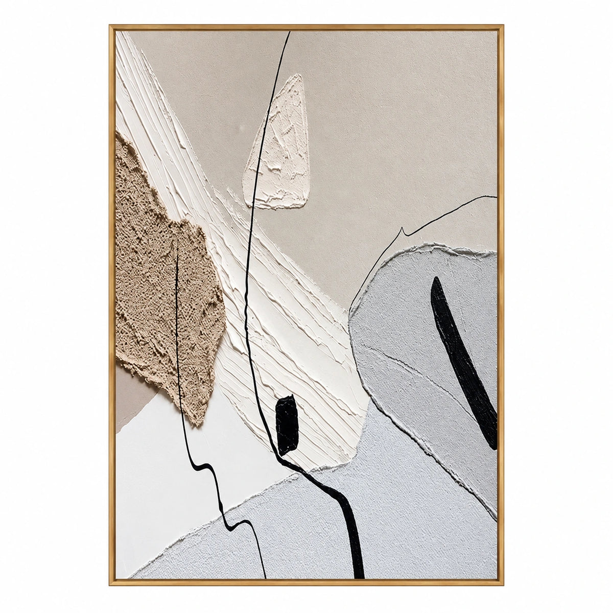 Beige White and Grey Abstract Oil Painting | Raised Organic Shapes Fine Black Lines Vertical Neutral Wall Art OA 1788