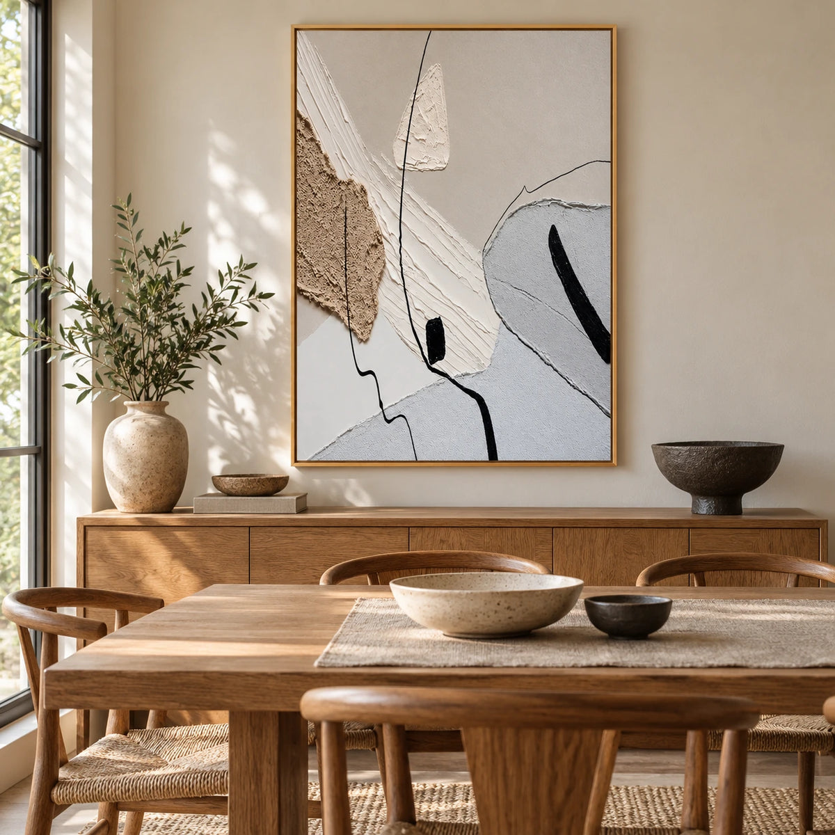 Beige White and Grey Abstract Oil Painting | Raised Organic Shapes Fine Black Lines Vertical Neutral Wall Art OA 1788