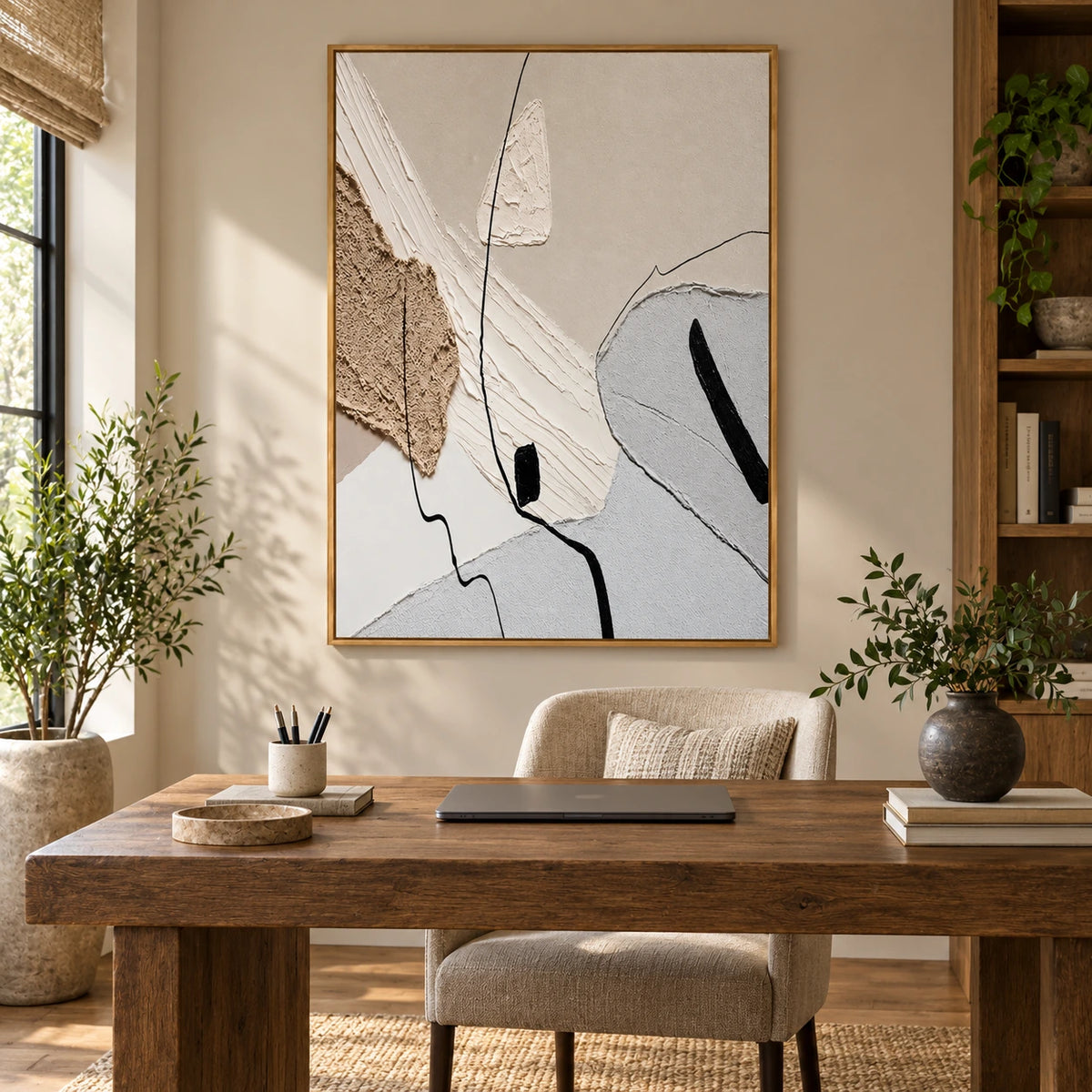 Beige White and Grey Abstract Oil Painting | Raised Organic Shapes Fine Black Lines Vertical Neutral Wall Art OA 1788