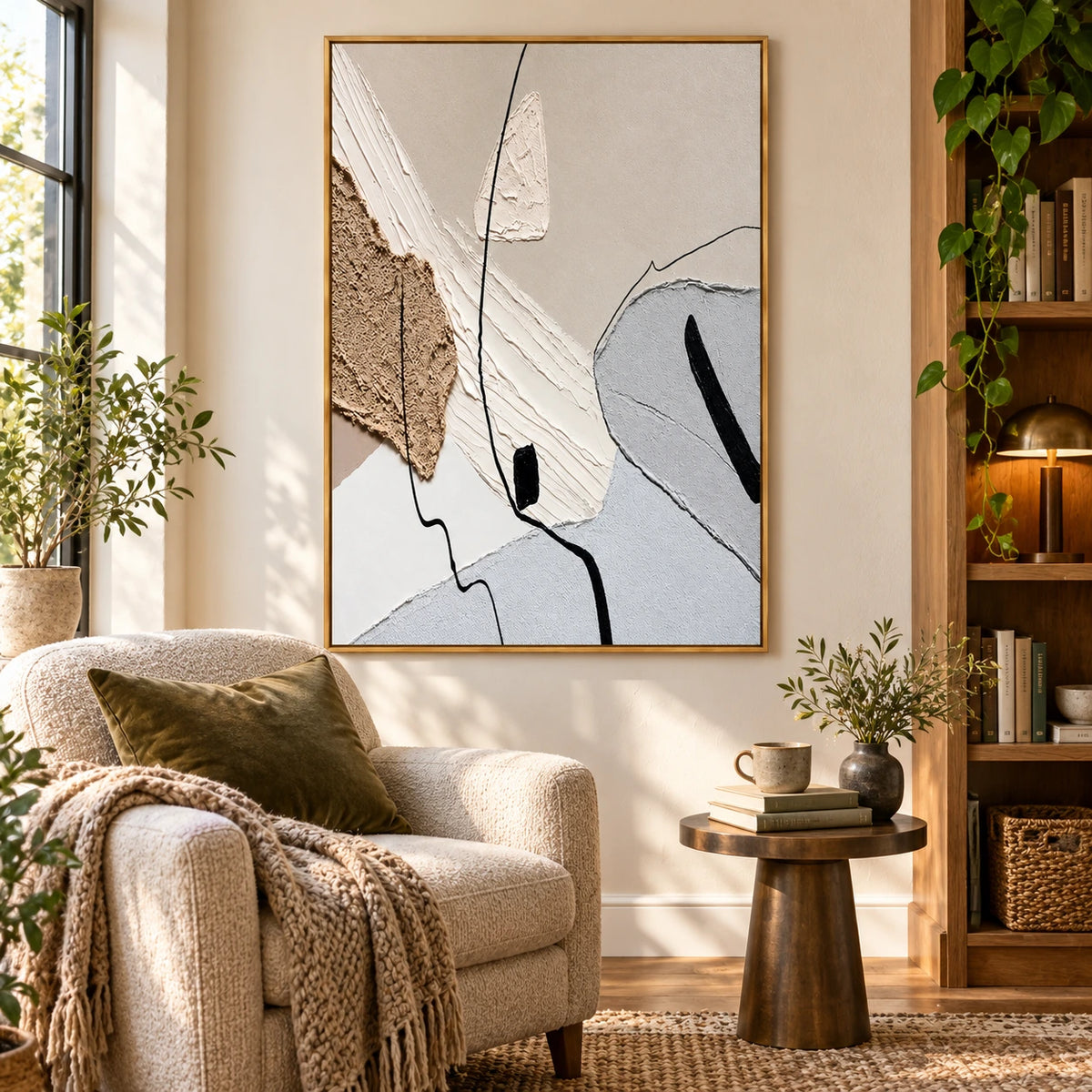 Beige White and Grey Abstract Oil Painting | Raised Organic Shapes Fine Black Lines Vertical Neutral Wall Art OA 1788