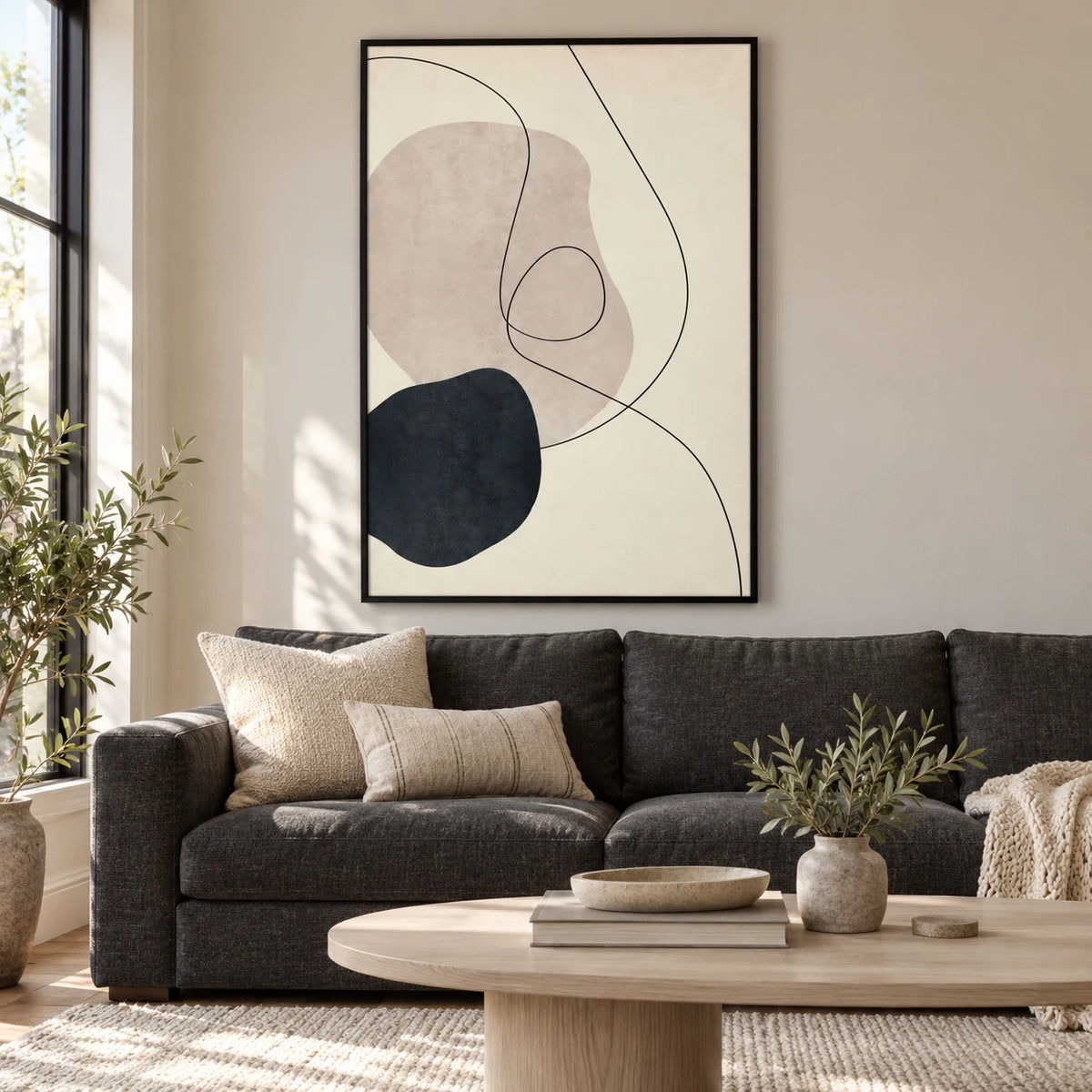 Beige and Black Organic Line Art Oil Painting | Minimalist Looping Curves Neutral Vertical Wall Art #OA 1692