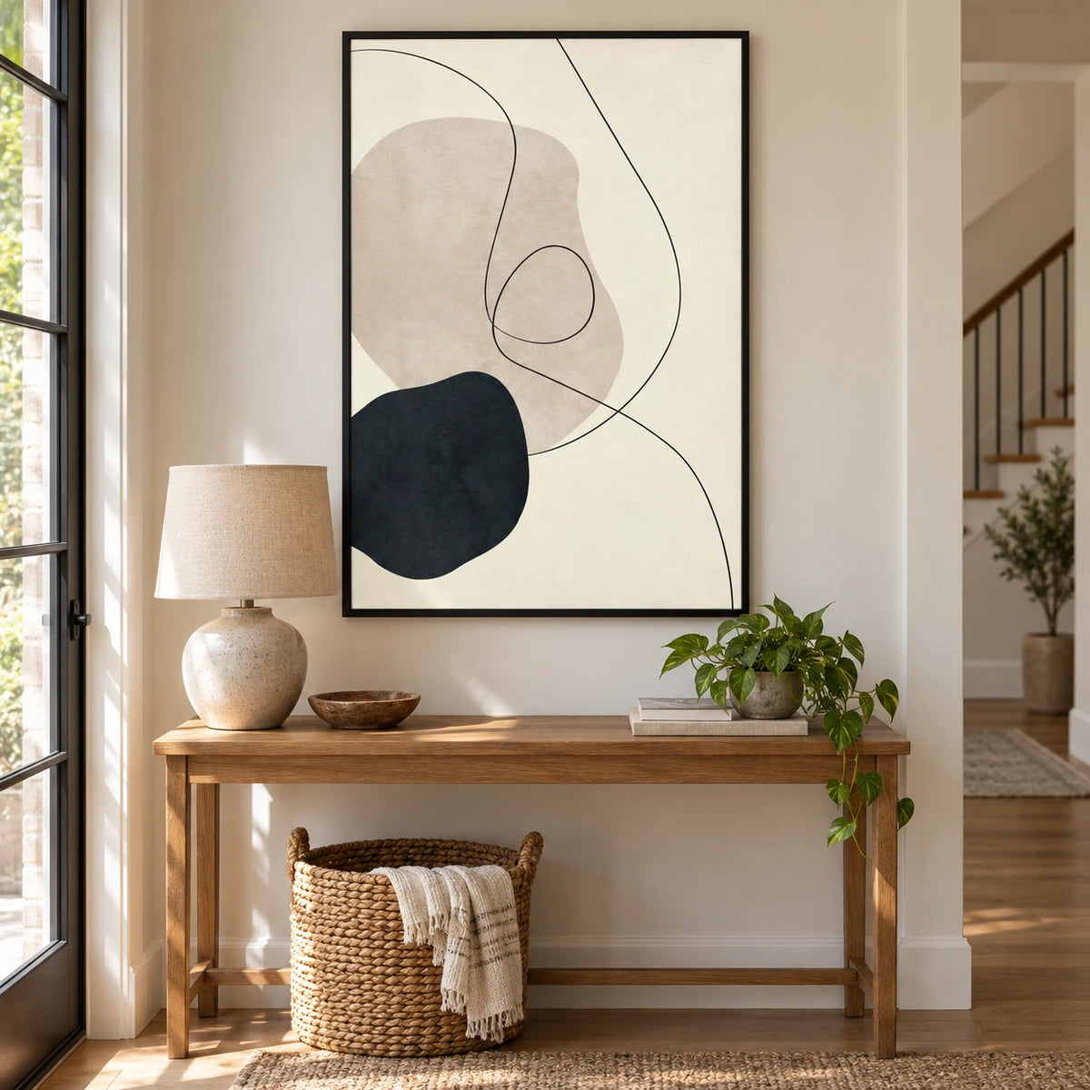 Beige and Black Organic Line Art Oil Painting | Minimalist Looping Curves Neutral Vertical Wall Art #OA 1692