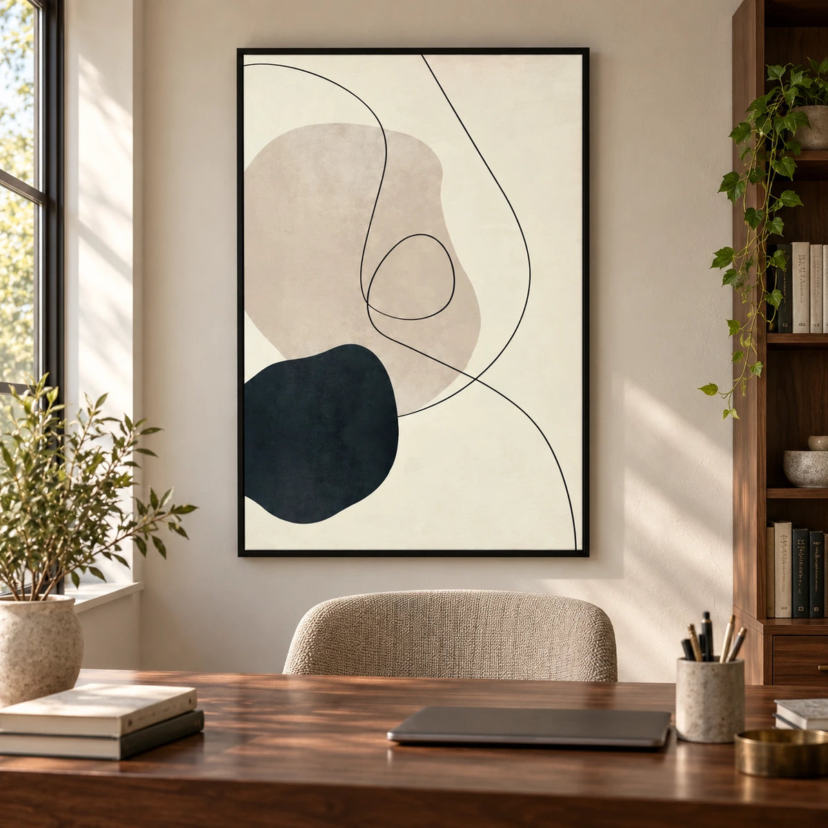 Beige and Black Organic Line Art Oil Painting | Minimalist Looping Curves Neutral Vertical Wall Art #OA 1692