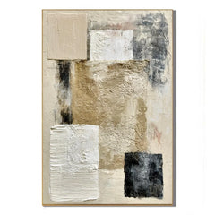 Beige Gray and Black Geometric Textured Abstract Oil Painting – Vertical Wabi-Sabi Minimalist Wall Art | Ownanart # OA 1201