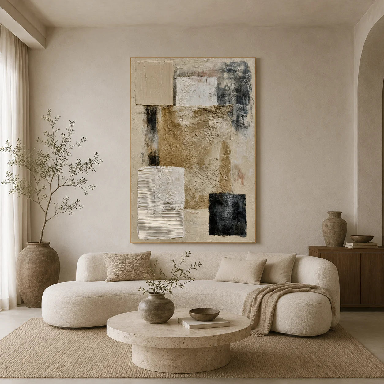 Beige Gray and Black Geometric Textured Abstract Oil Painting – Vertical Wabi-Sabi Minimalist Wall Art | Ownanart # OA 1201