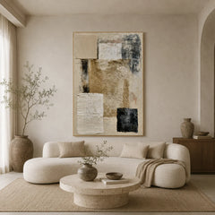 Beige Gray and Black Geometric Textured Abstract Oil Painting – Vertical Wabi-Sabi Minimalist Wall Art | Ownanart # OA 1201
