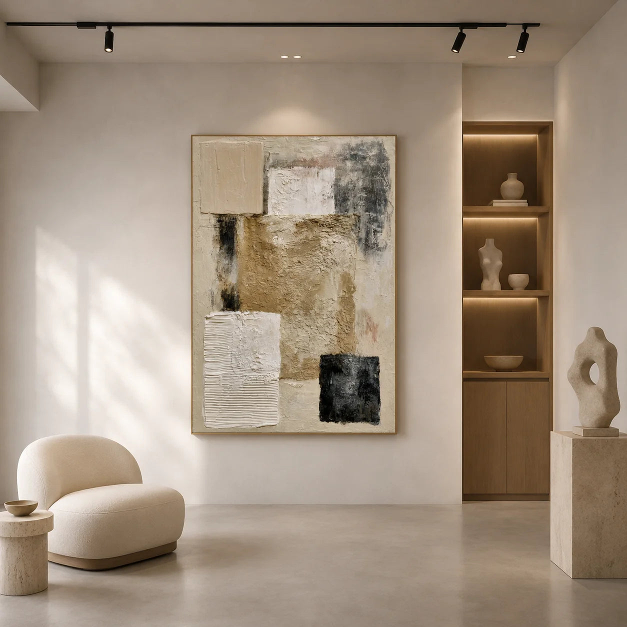 Beige Gray and Black Geometric Textured Abstract Oil Painting – Vertical Wabi-Sabi Minimalist Wall Art | Ownanart # OA 1201
