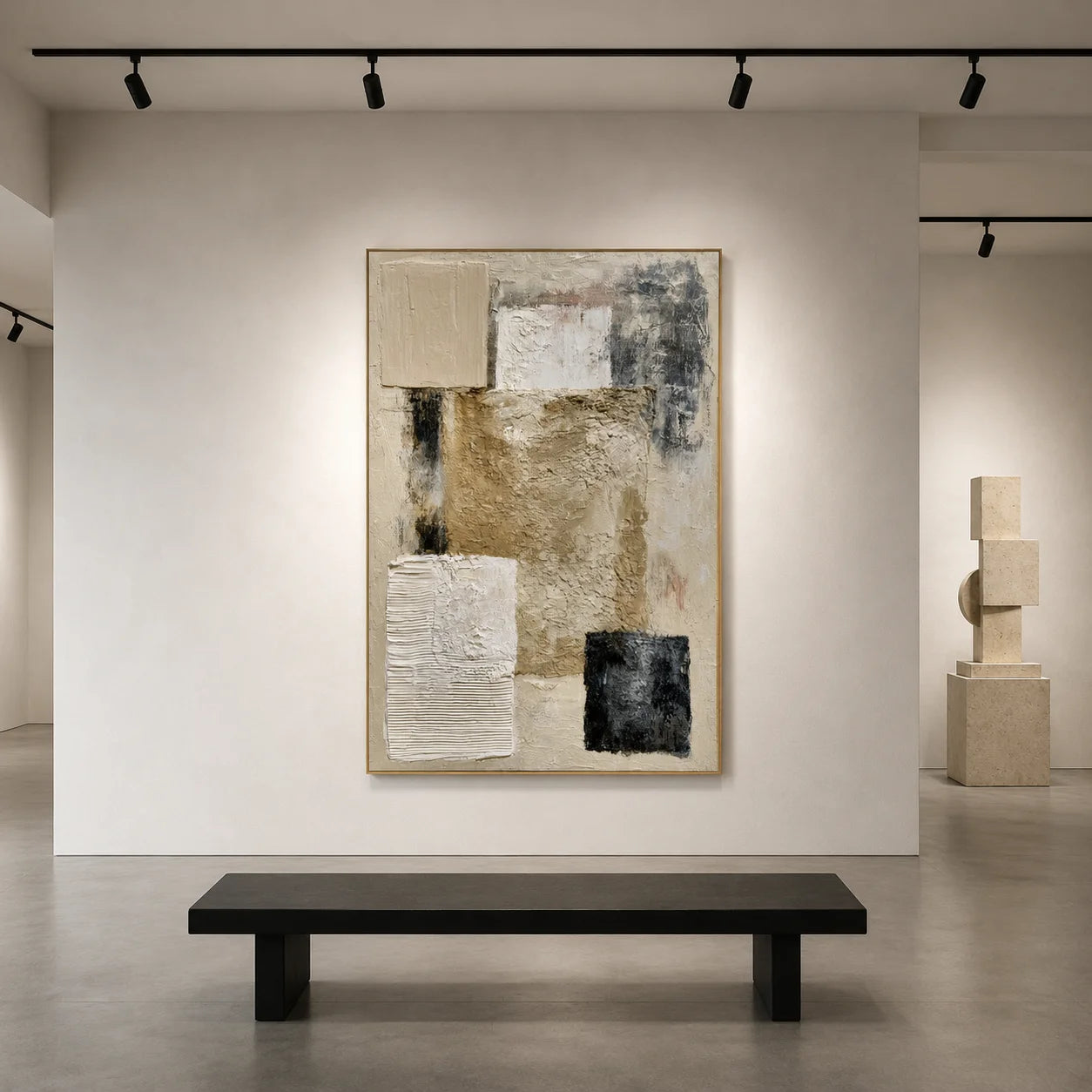 Beige Gray and Black Geometric Textured Abstract Oil Painting – Vertical Wabi-Sabi Minimalist Wall Art | Ownanart # OA 1201