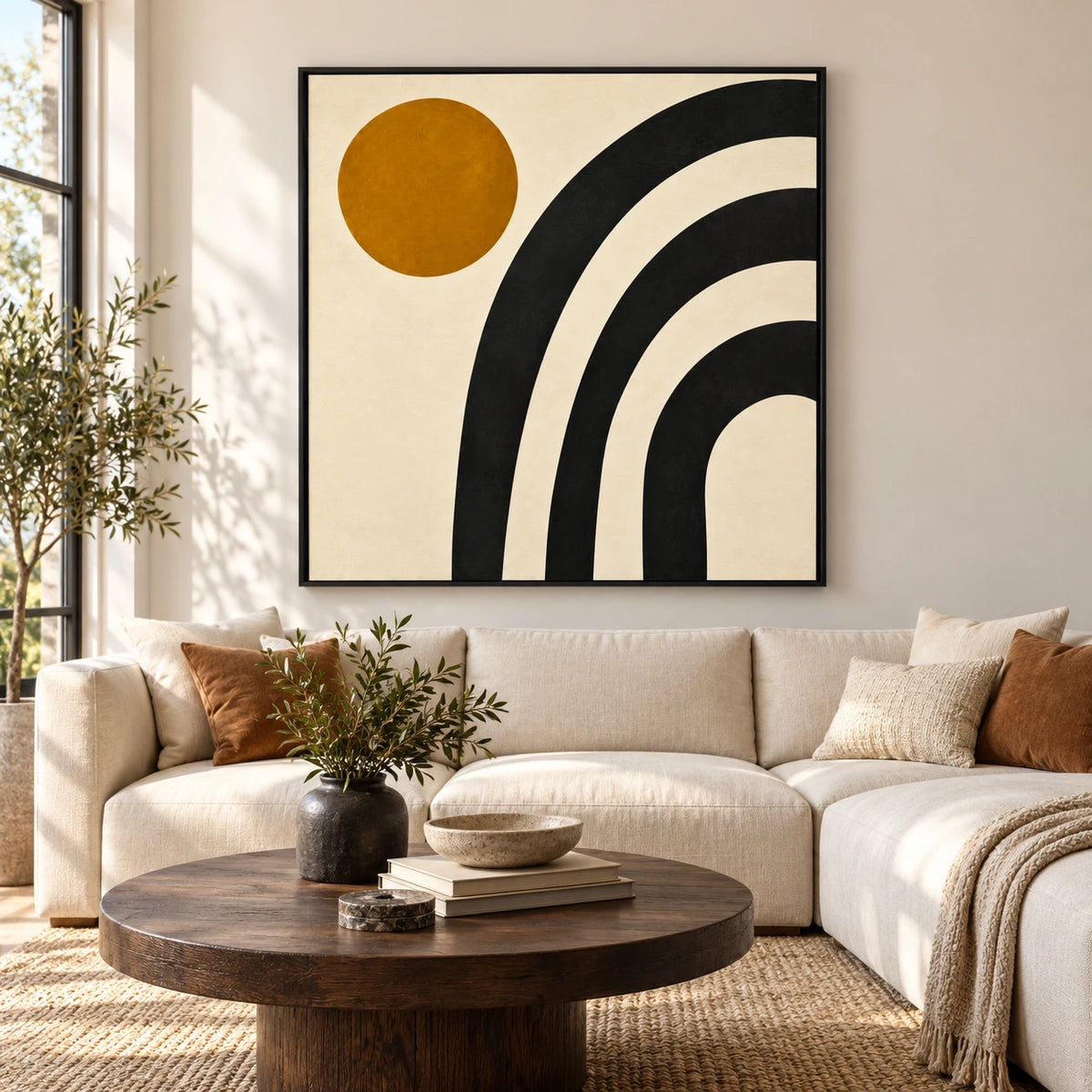 Black Arches and Ochre Sun Oil Painting | Cream Background Minimalist Geometric Square Abstract Wall Art #OA 1734