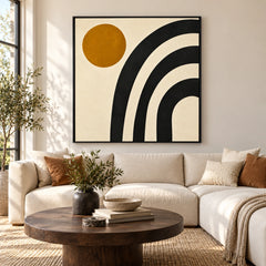 Black Arches and Ochre Sun Oil Painting | Cream Background Minimalist Geometric Square Abstract Wall Art #OA 1734