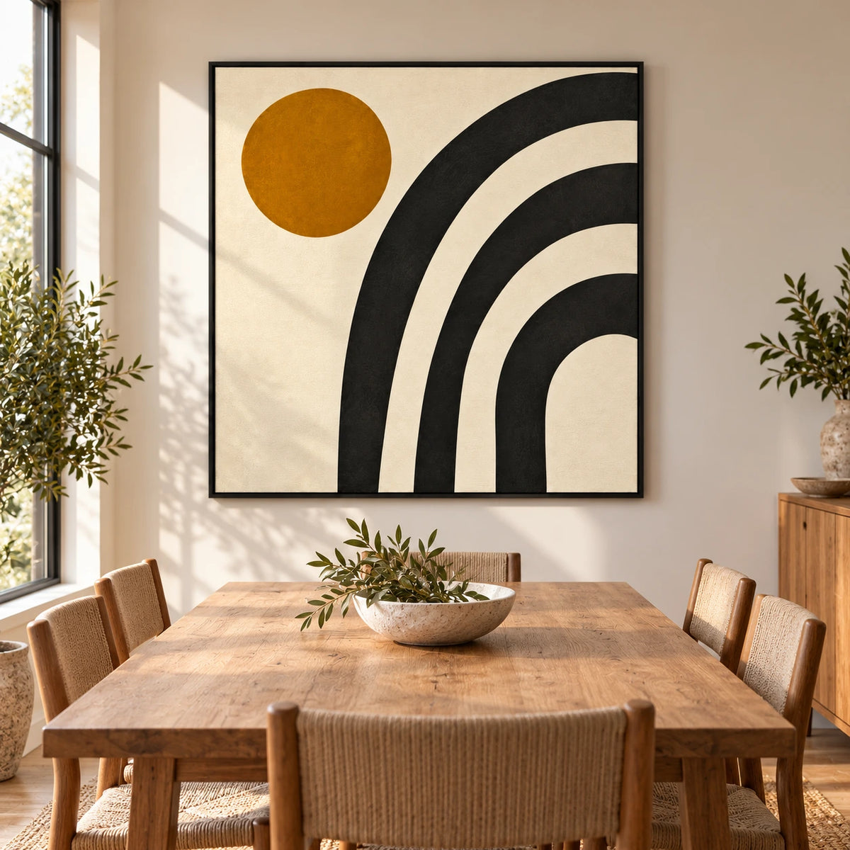 Black Arches and Ochre Sun Oil Painting | Cream Background Minimalist Geometric Square Abstract Wall Art #OA 1734