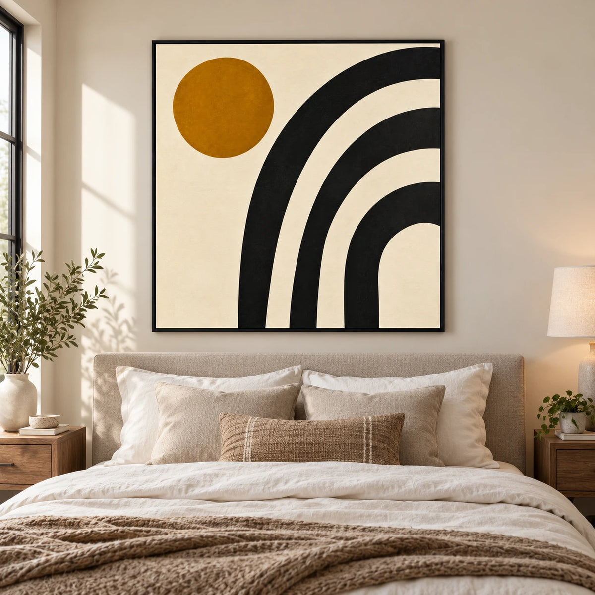 Black Arches and Ochre Sun Oil Painting | Cream Background Minimalist Geometric Square Abstract Wall Art #OA 1734