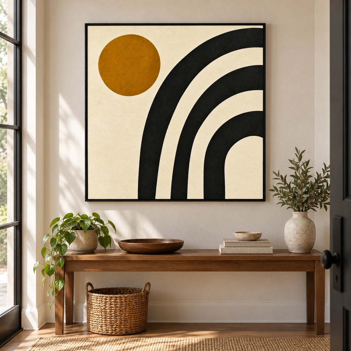Black Arches and Ochre Sun Oil Painting | Cream Background Minimalist Geometric Square Abstract Wall Art #OA 1734