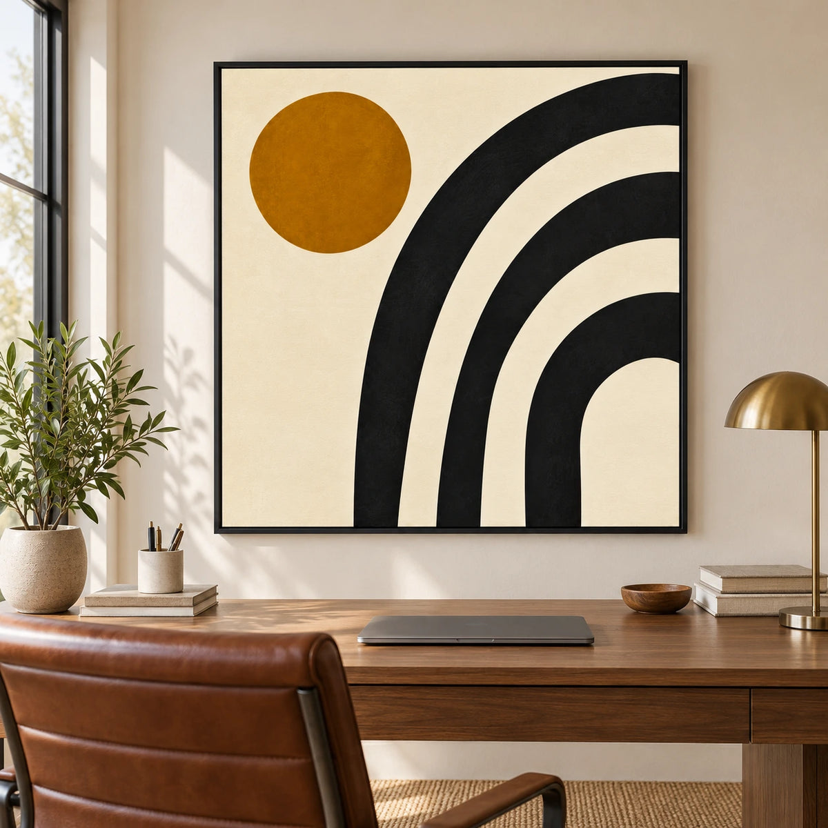 Black Arches and Ochre Sun Oil Painting | Cream Background Minimalist Geometric Square Abstract Wall Art #OA 1734