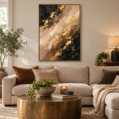 Black Brown Beige and Gold Oil Painting | Diagonal Layers Textured Vertical Earth Tone Abstract Wall Art #OA 1771