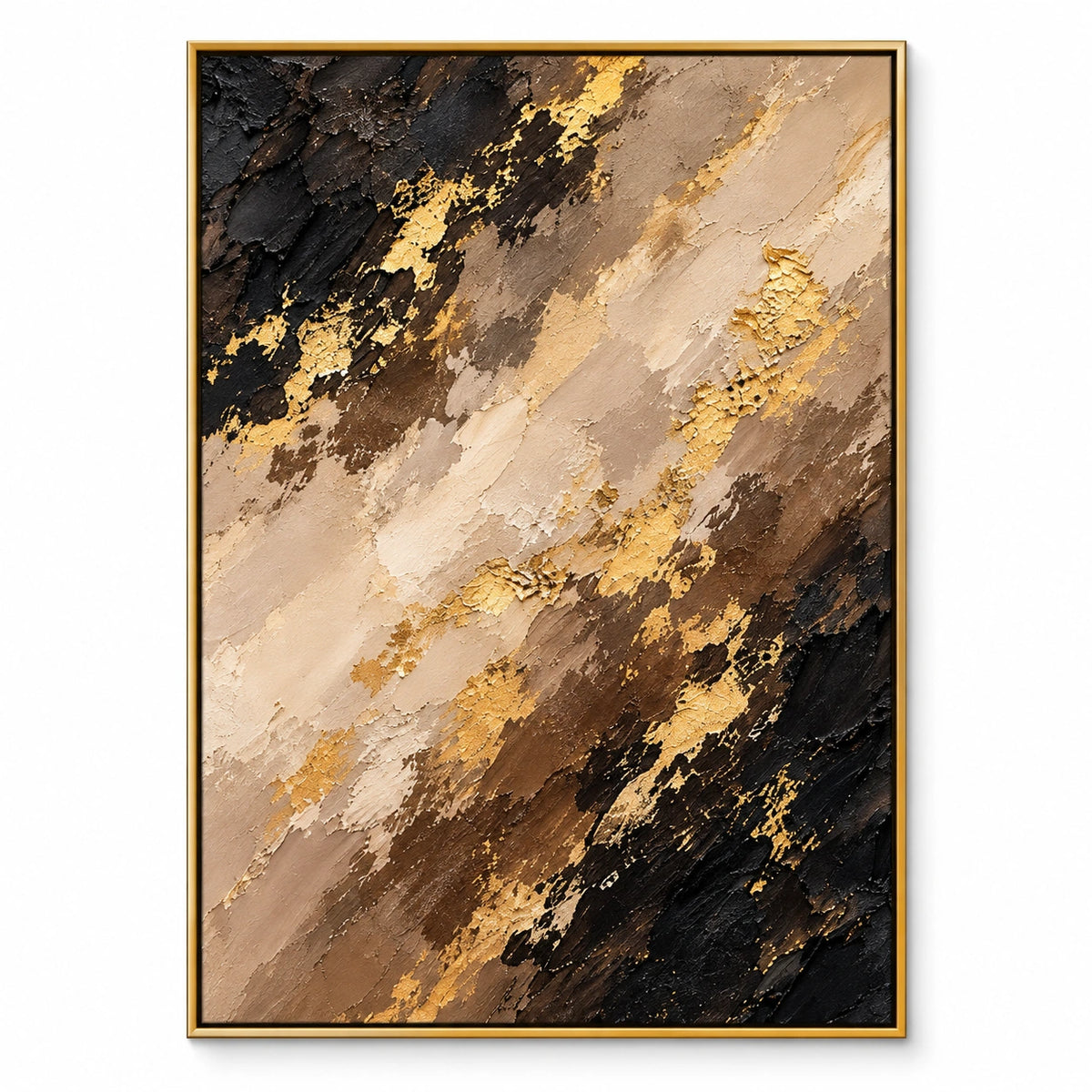 Black Brown Beige and Gold Oil Painting | Diagonal Layers Textured Vertical Earth Tone Abstract Wall Art OA 1771