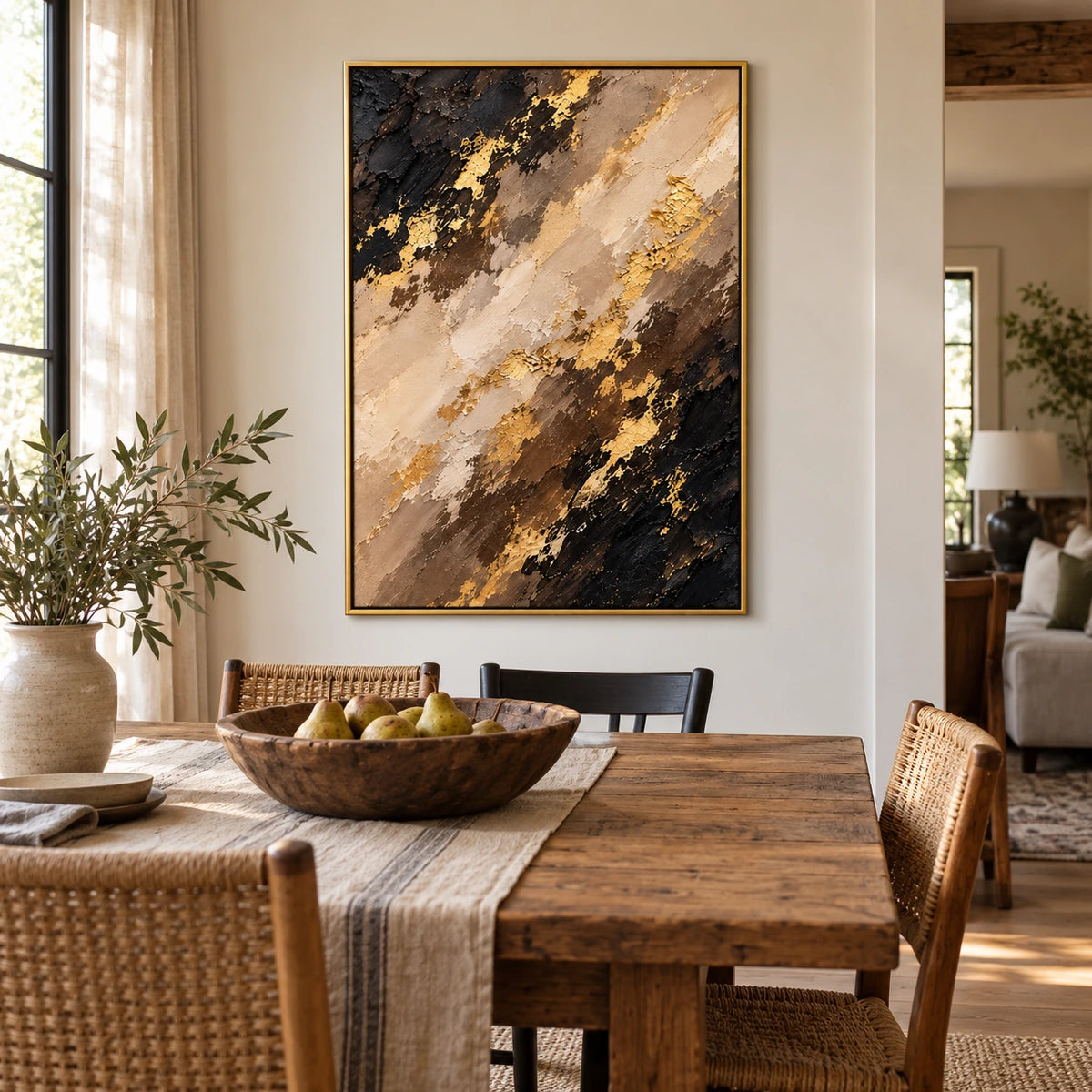Black Brown Beige and Gold Oil Painting | Diagonal Layers Textured Vertical Earth Tone Abstract Wall Art OA 1771