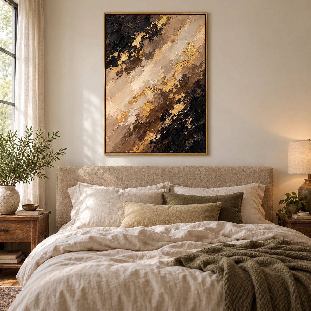 Black Brown Beige and Gold Oil Painting | Diagonal Layers Textured Vertical Earth Tone Abstract Wall Art OA 1771