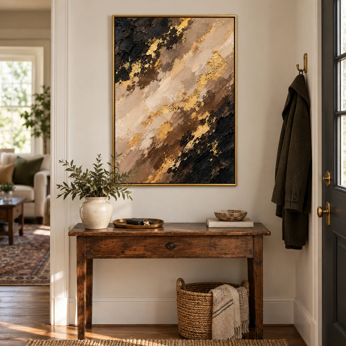 Black Brown Beige and Gold Oil Painting | Diagonal Layers Textured Vertical Earth Tone Abstract Wall Art OA 1771