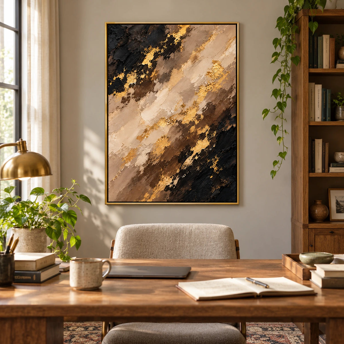 Black Brown Beige and Gold Oil Painting | Diagonal Layers Textured Vertical Earth Tone Abstract Wall Art OA 1771
