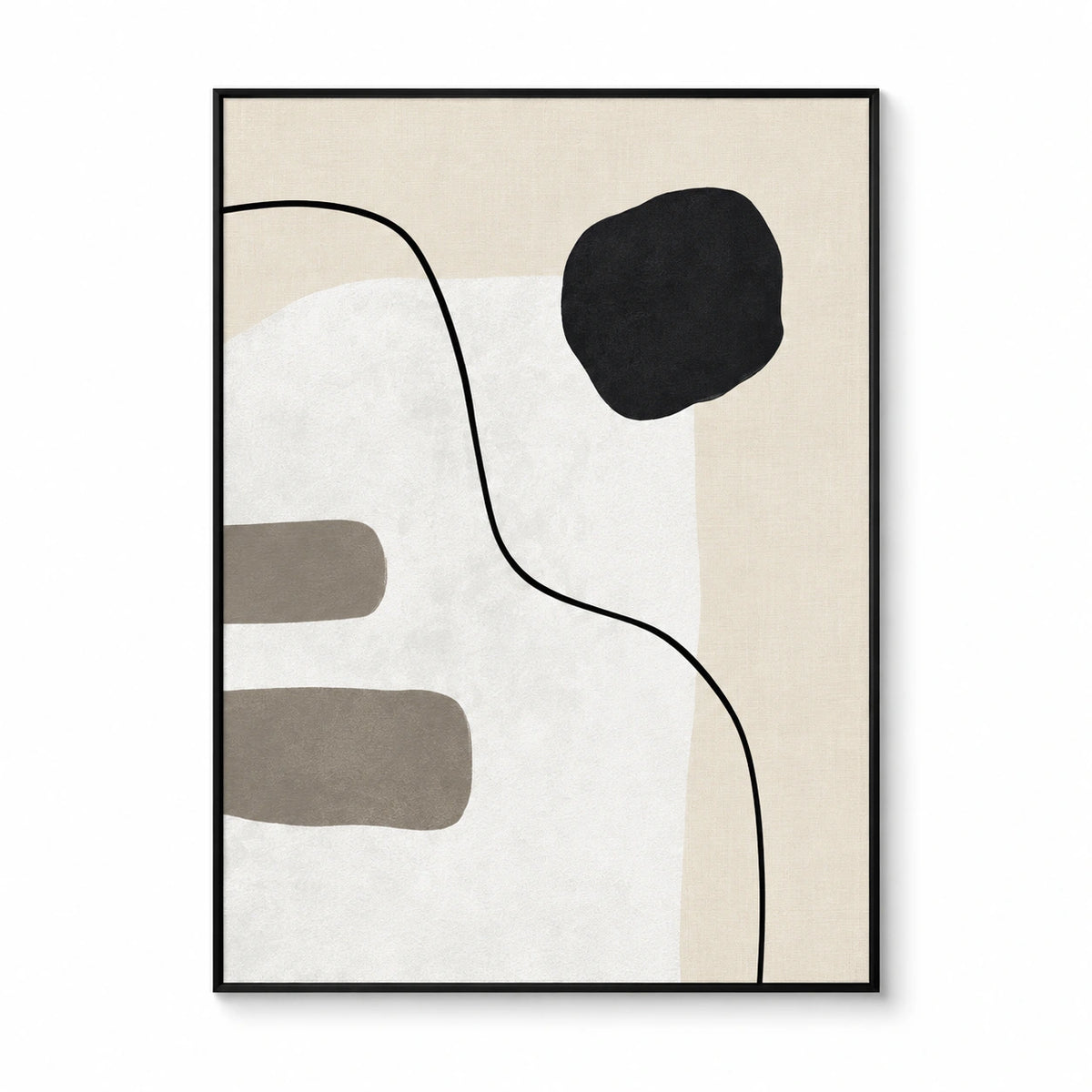 Black Circle and Curved Line Oil Painting | Beige White and Grey Minimalist Abstract Vertical Wall Art #OA 1694