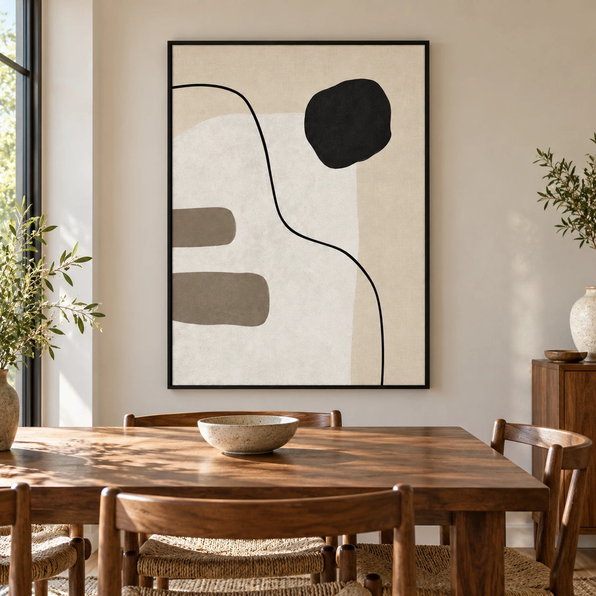 Black Circle and Curved Line Oil Painting | Beige White and Grey Minimalist Abstract Vertical Wall Art #OA 1694