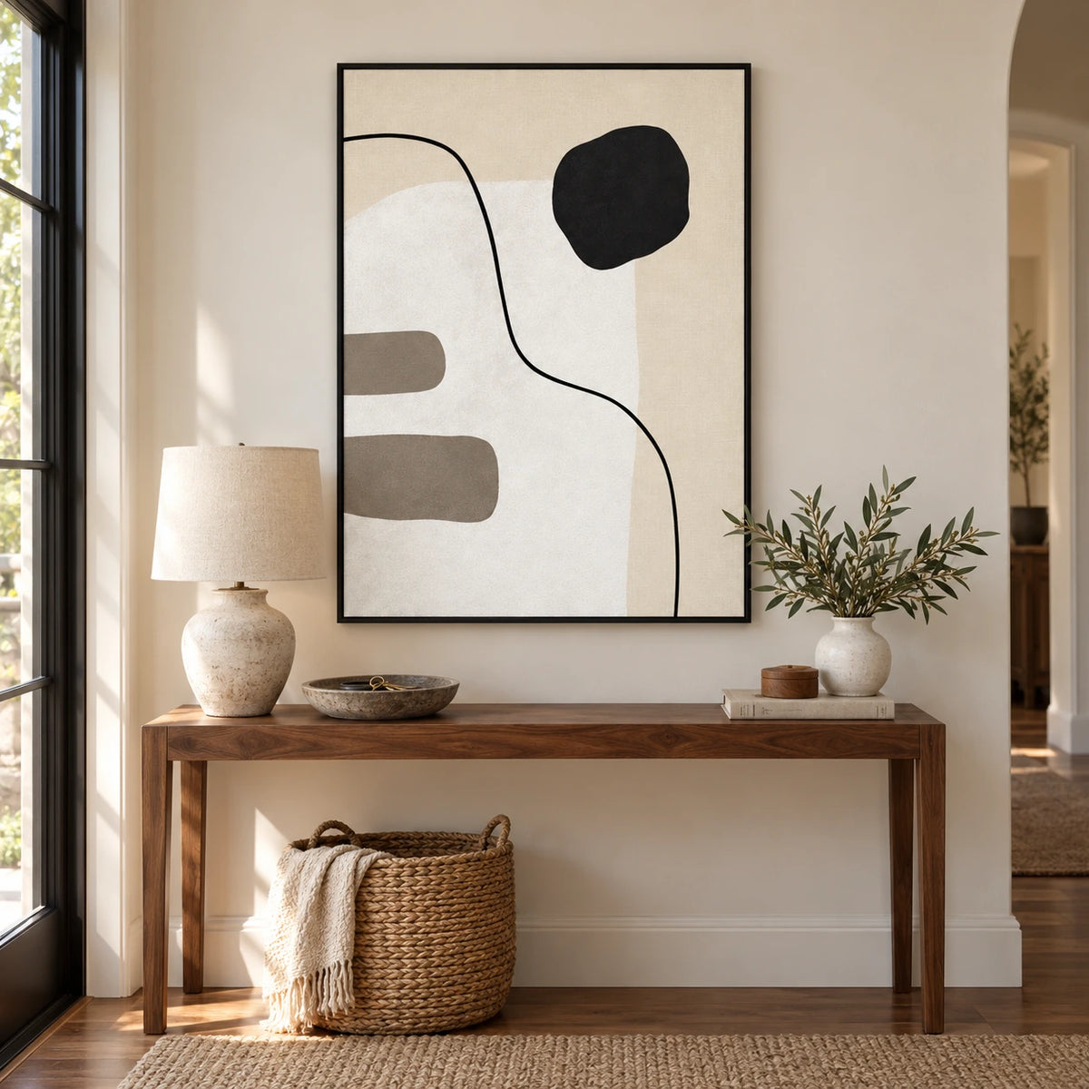 Black Circle and Curved Line Oil Painting | Beige White and Grey Minimalist Abstract Vertical Wall Art #OA 1694