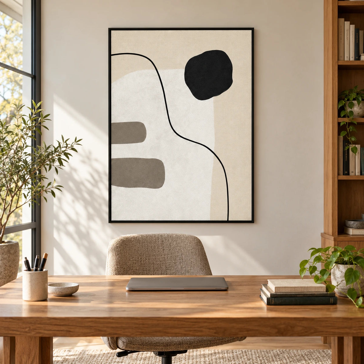 Black Circle and Curved Line Oil Painting | Beige White and Grey Minimalist Abstract Vertical Wall Art #OA 1694