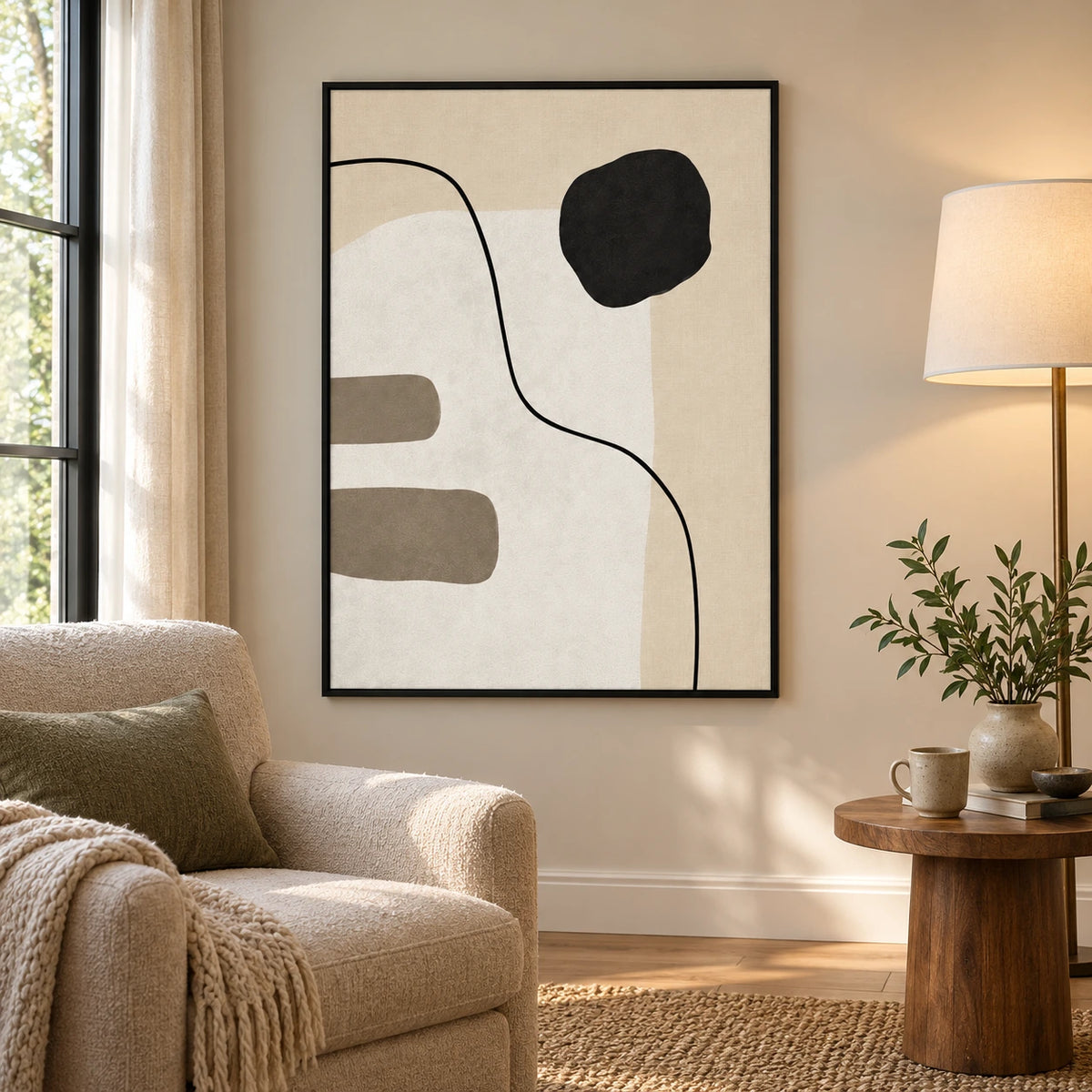 Black Circle and Curved Line Oil Painting | Beige White and Grey Minimalist Abstract Vertical Wall Art #OA 1694
