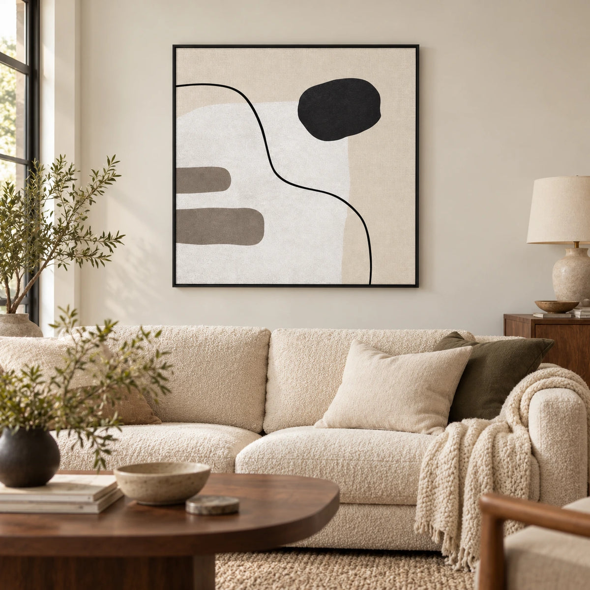 Black Curve and Rounded Shapes Oil Painting | Cream Beige and Taupe Minimalist Square Abstract Wall Art OA 1754