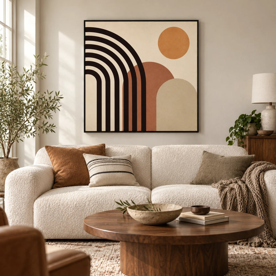 Black Rainbow Arches and Ochre Sun Oil Painting | Terracotta and Cream Mid Century Geometric Square Wall Art #OA 1762