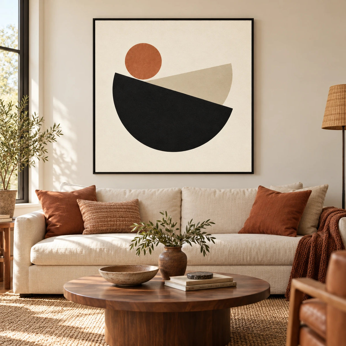 Black Semicircles and Terracotta Sun Oil Painting | Beige Minimalist Geometric Square Wall Art #OA 1691