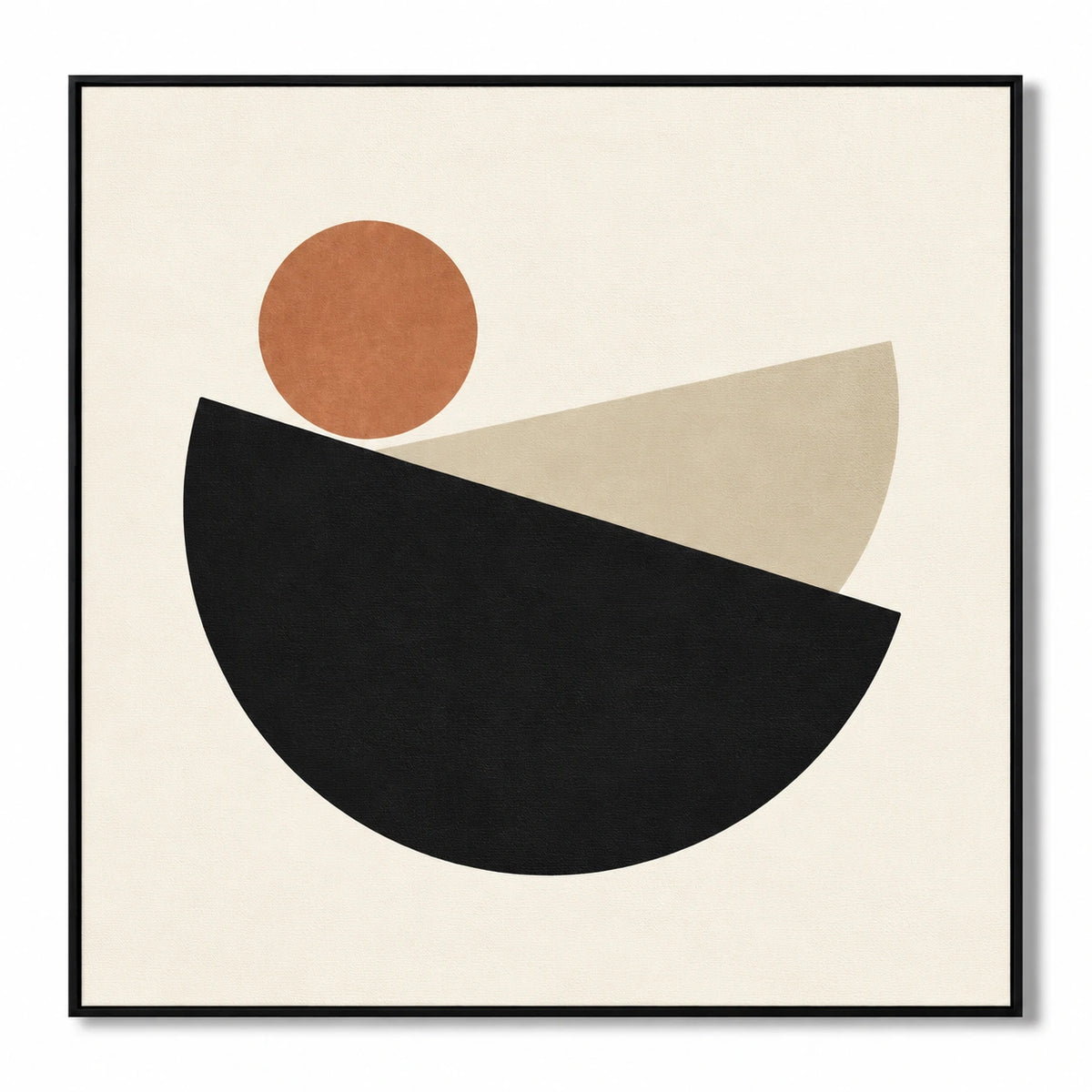 Black Semicircles and Terracotta Sun Oil Painting | Beige Minimalist Geometric Square Wall Art #OA 1691
