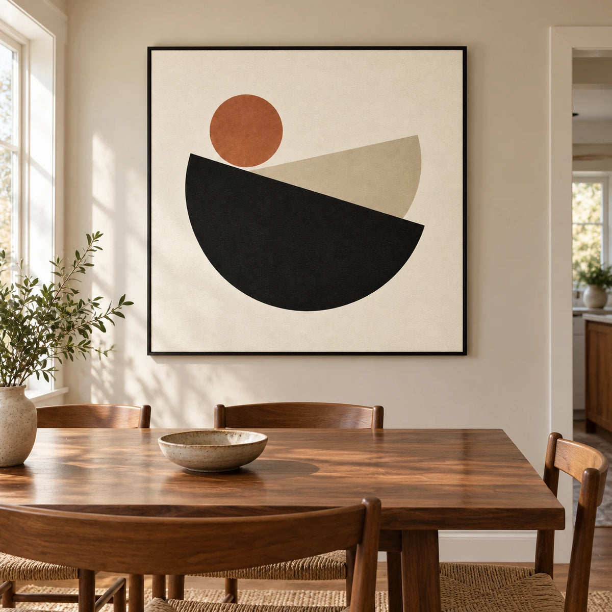 Black Semicircles and Terracotta Sun Oil Painting | Beige Minimalist Geometric Square Wall Art #OA 1691