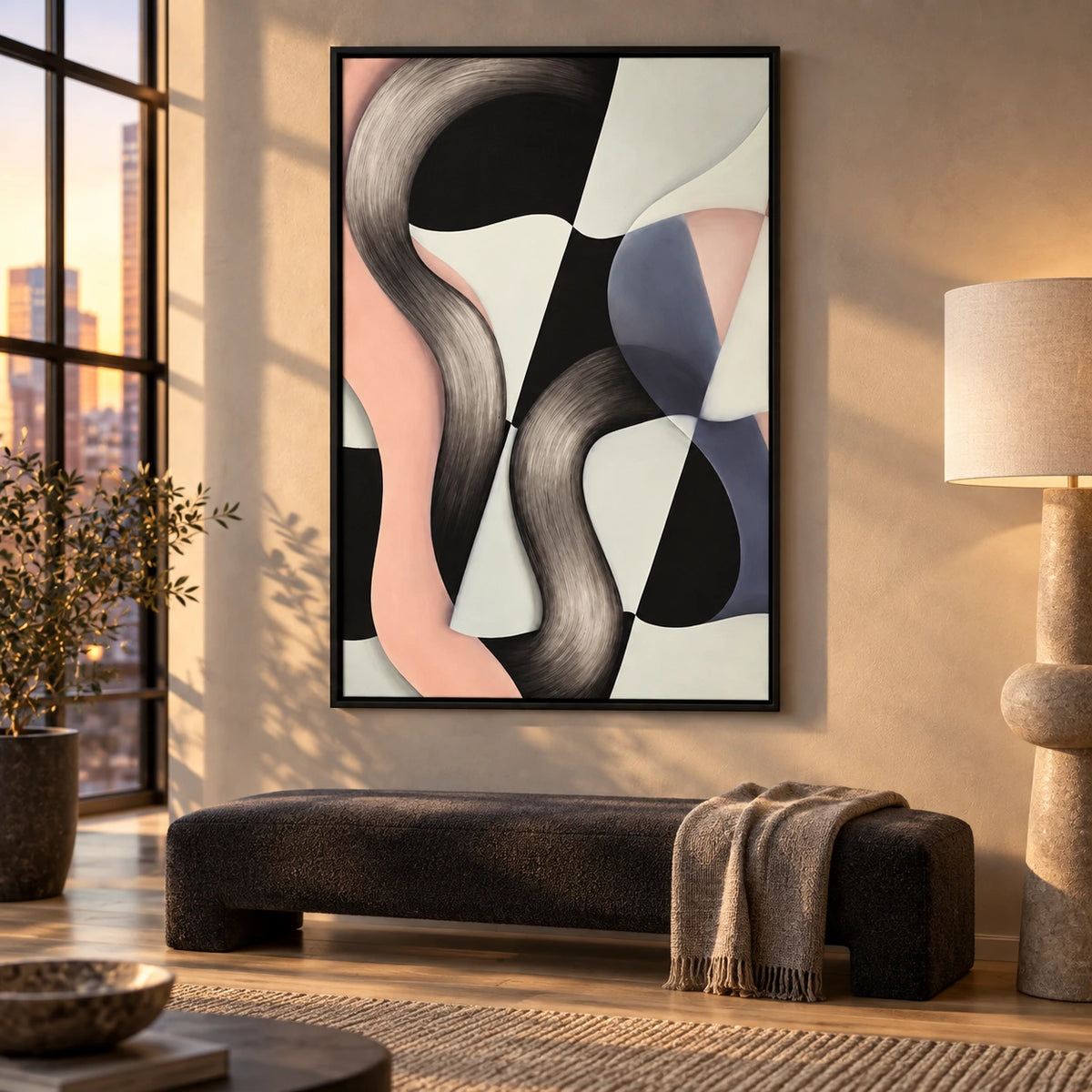 Black White and Blush Abstract Oil Painting | Flowing Curves Modern Vertical Wall Art #OA 1629