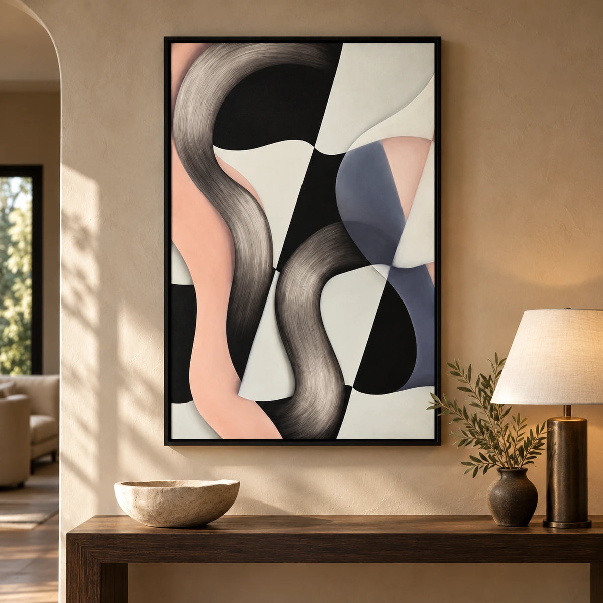 Black White and Blush Abstract Oil Painting | Flowing Curves Modern Vertical Wall Art #OA 1629