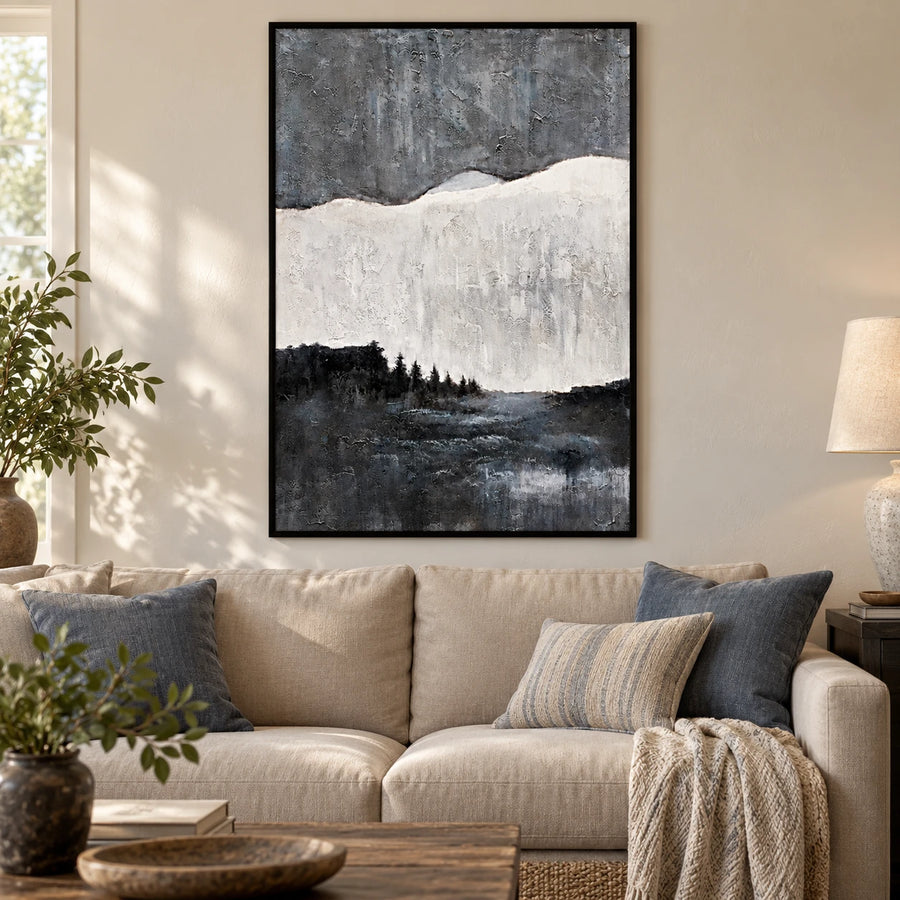 Black White and Grey Forest Lake Oil Painting | Misty Horizon Textured Vertical Minimalist Landscape Wall Art #OA 1820