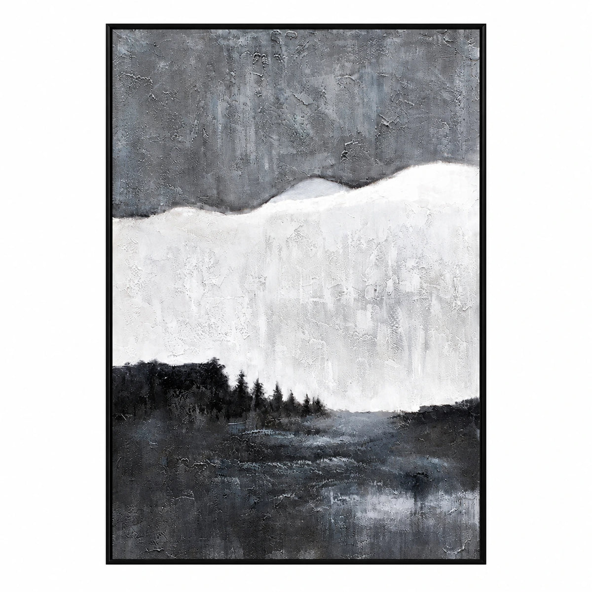 Black White and Grey Forest Lake Oil Painting | Misty Horizon Textured Vertical Minimalist Landscape Wall Art #OA 1820