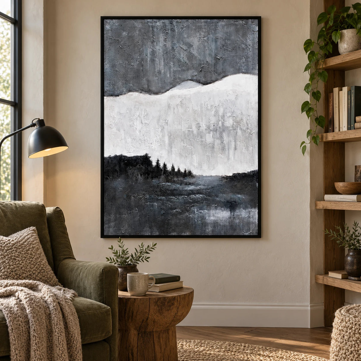 Black White and Grey Forest Lake Oil Painting | Misty Horizon Textured Vertical Minimalist Landscape Wall Art #OA 1820