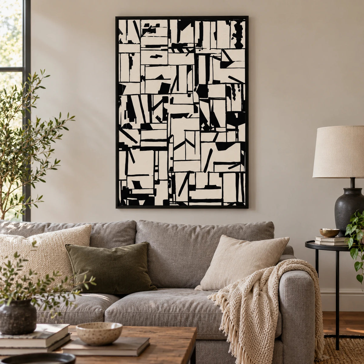 Black and Cream Abstract Grid Oil Painting | Irregular Geometric Lines and Angular Marks Vertical Modern Wall Art OA 1753