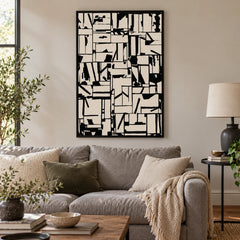 Black and Cream Abstract Grid Oil Painting | Irregular Geometric Lines and Angular Marks Vertical Modern Wall Art #OA 1753